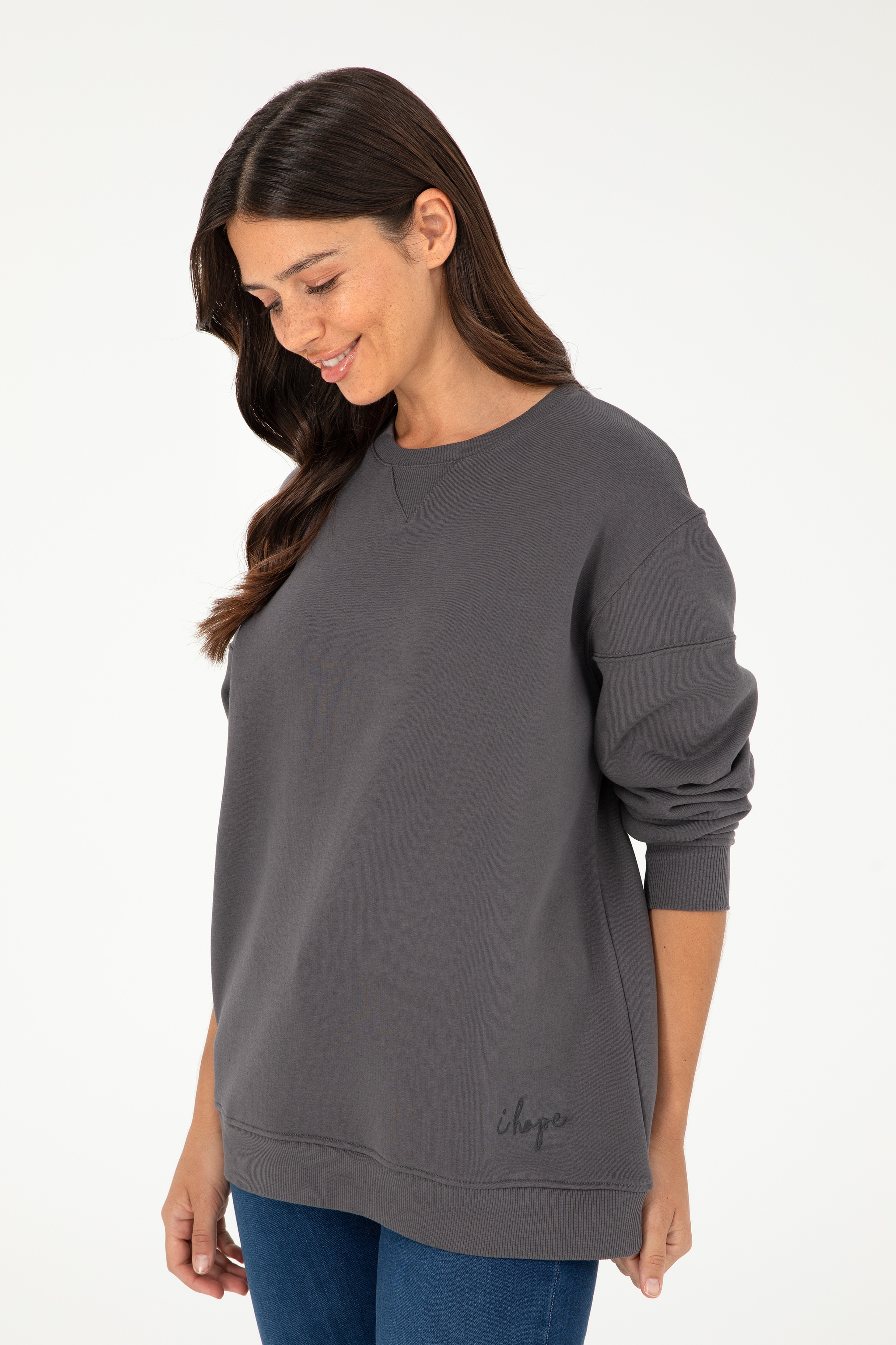 Kadın Antrasit Bisiklet Yaka Sweatshirt - Image 3