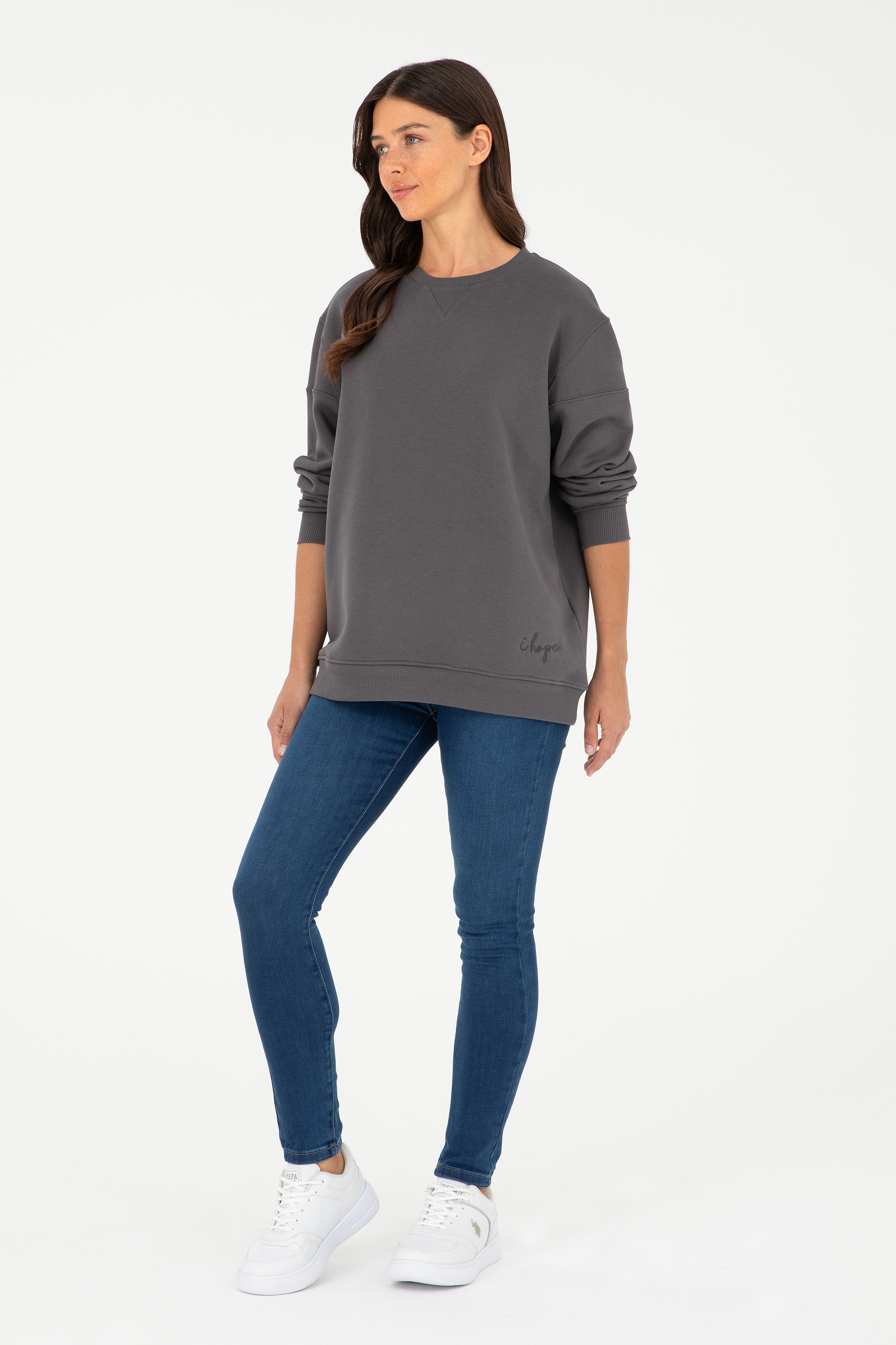 Kadın Antrasit Bisiklet Yaka Sweatshirt - Image 4