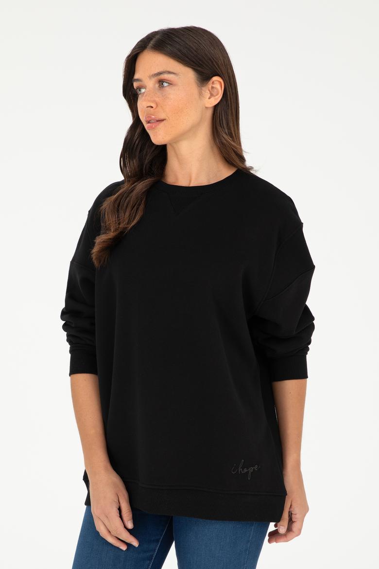 Kadın Siyah Bisiklet Yaka Sweatshirt