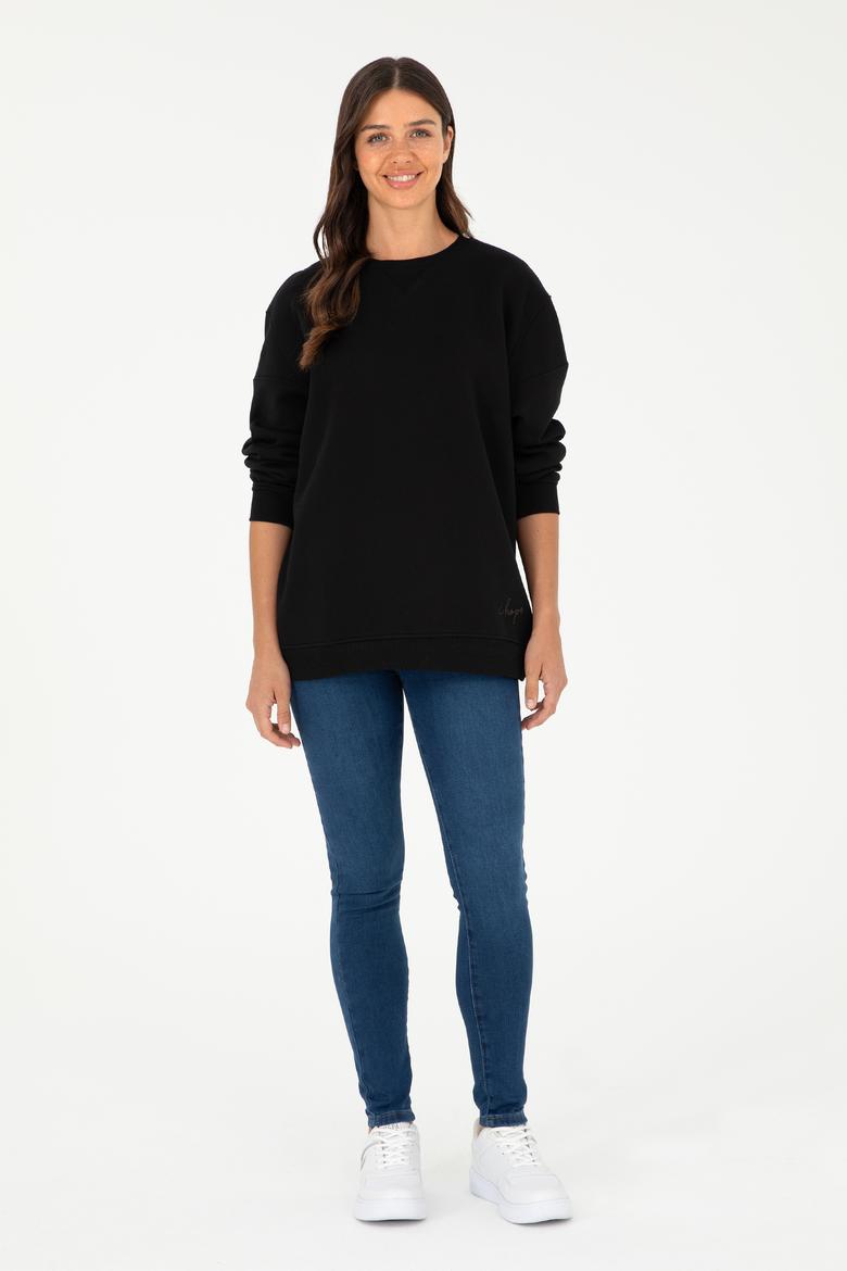 Kadın Siyah Bisiklet Yaka Sweatshirt - 50297060014