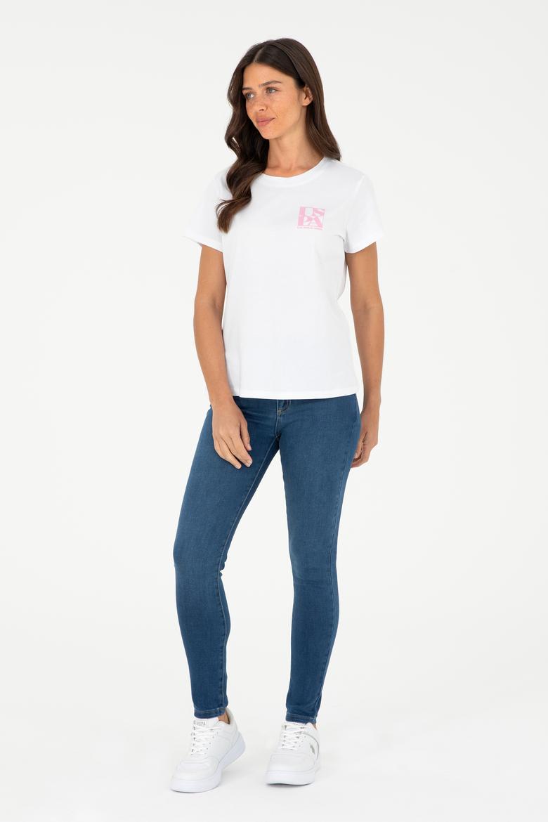 Kadın Beyaz Bisiklet Yaka Tişört - 50296138015