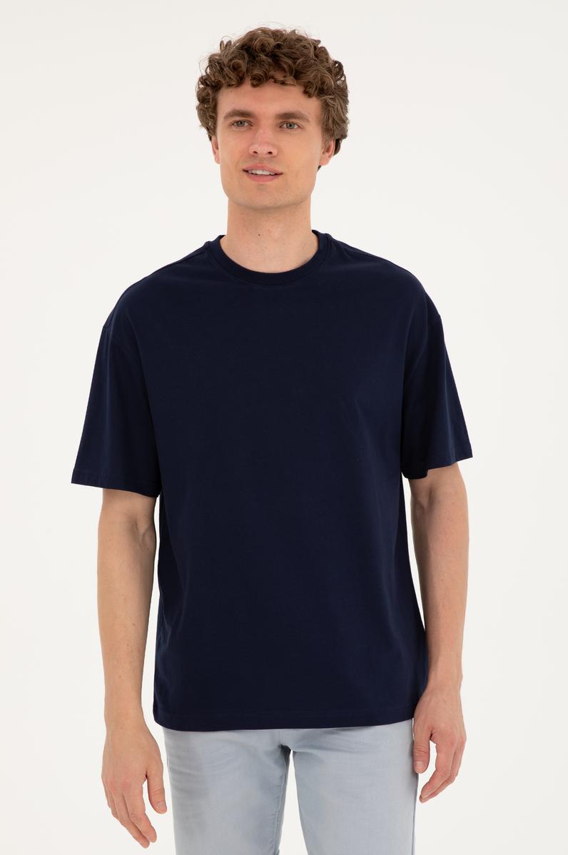 Erkek Comfort Fit Bisiklet Yaka Lacivert Tişört