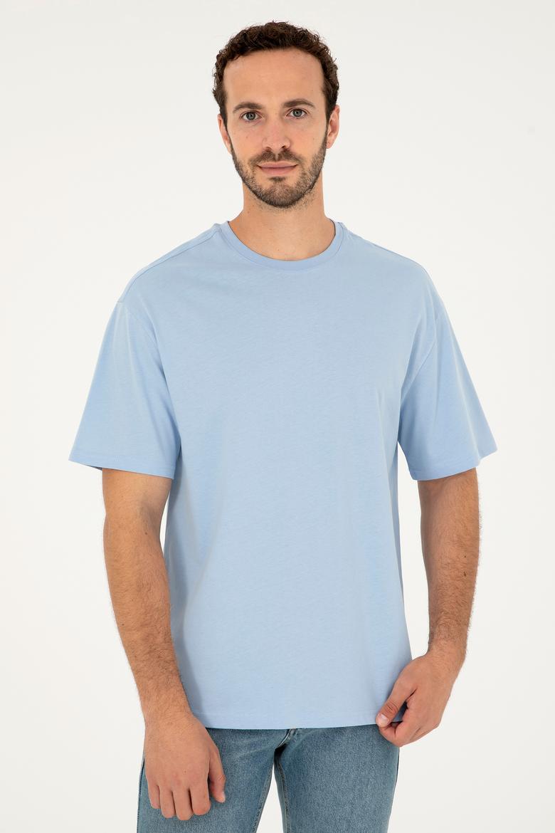 Erkek Comfort Fit Bisiklet Yaka Açık Mavi Tişört - 50294216089