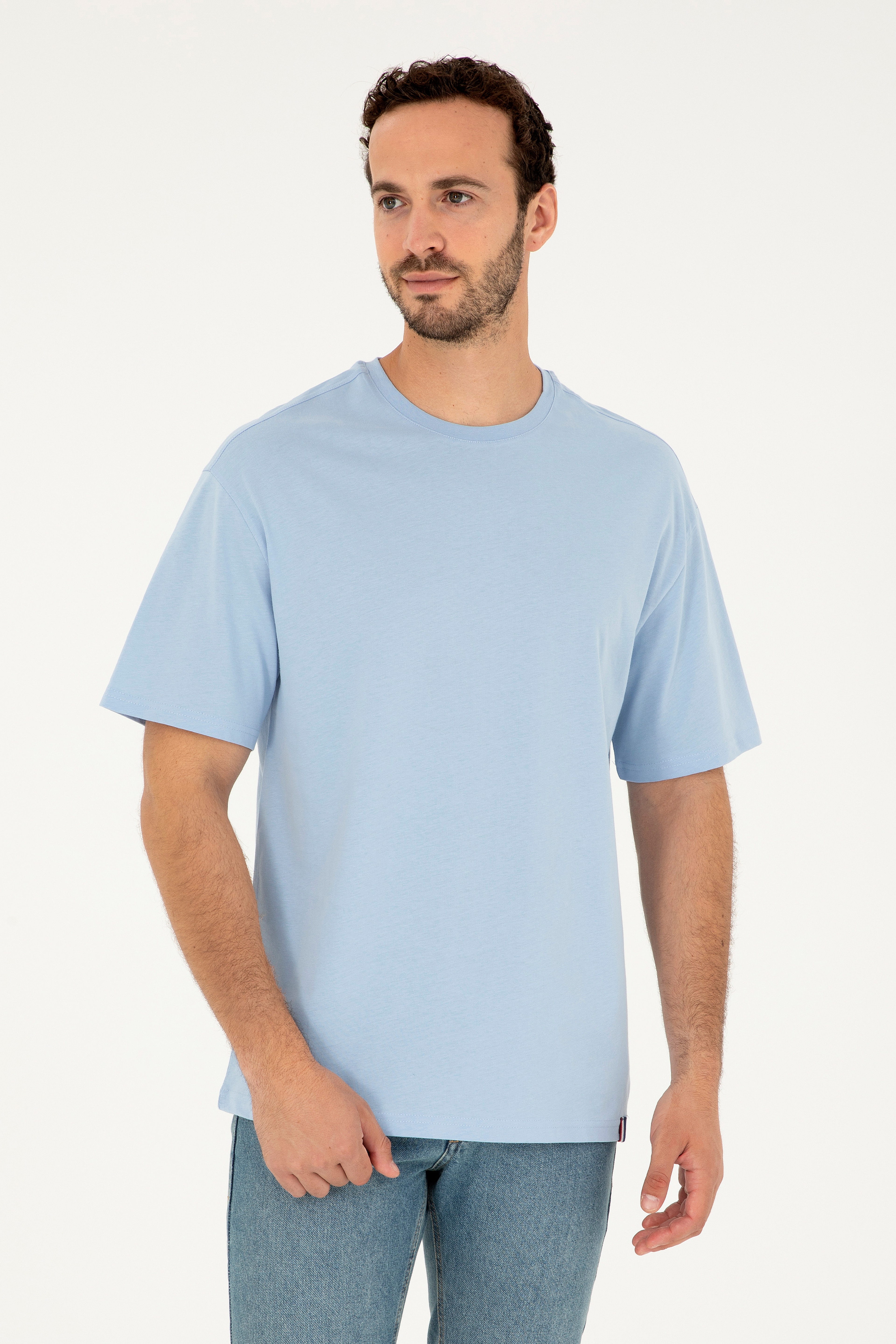 Erkek Comfort Fit Bisiklet Yaka Açık Mavi Tişört - Image 1