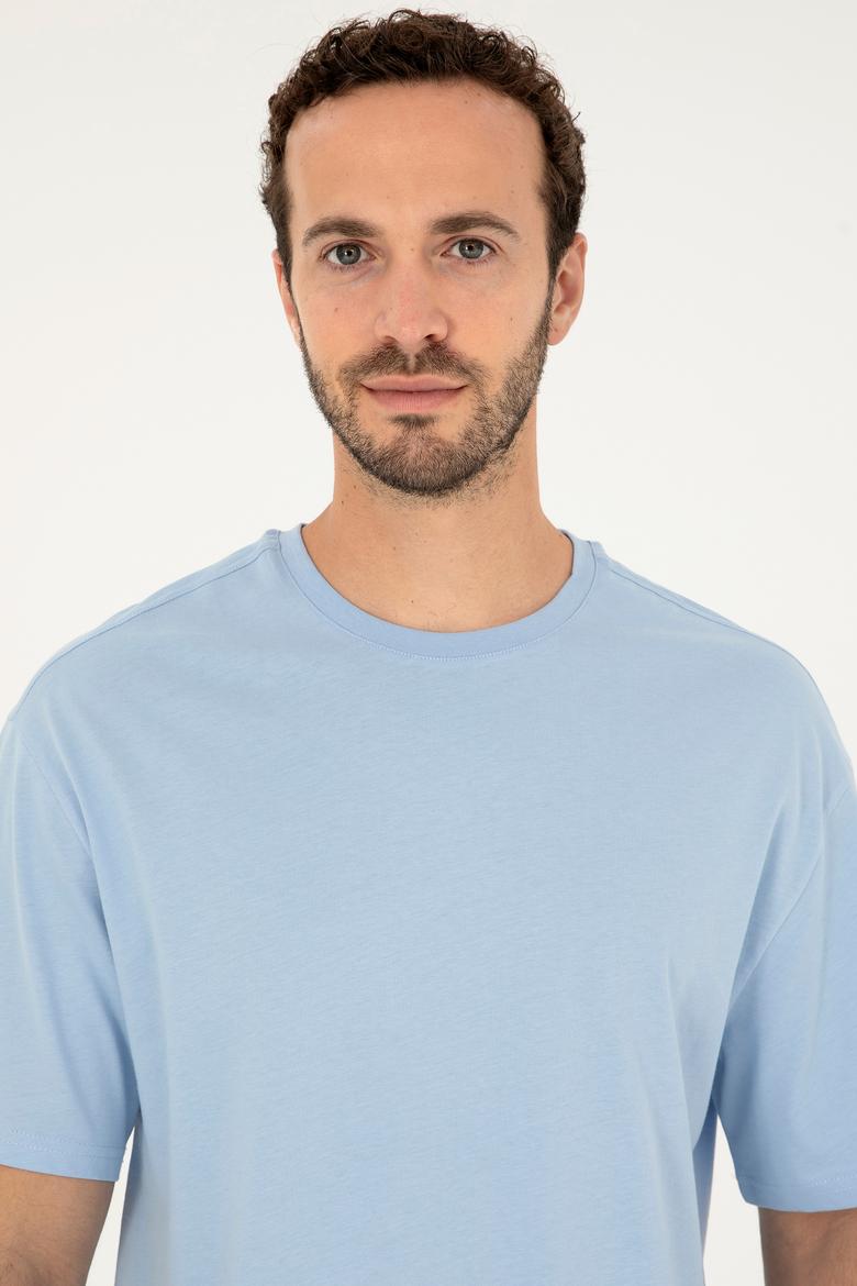 Erkek Comfort Fit Bisiklet Yaka Açık Mavi Tişört - 50294216089