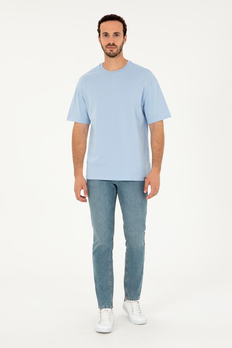 Erkek Comfort Fit Bisiklet Yaka Açık Mavi Tişört - 50294216089