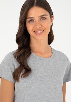 Kadın Gri Melanj Bisiklet Yaka Basic Tişört - 50296152036