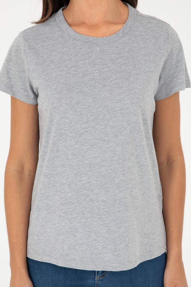 Kadın Gri Melanj Bisiklet Yaka Basic Tişört - 50296152036