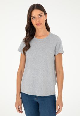 Kadın Gri Melanj Bisiklet Yaka Basic Tişört - 50296152036