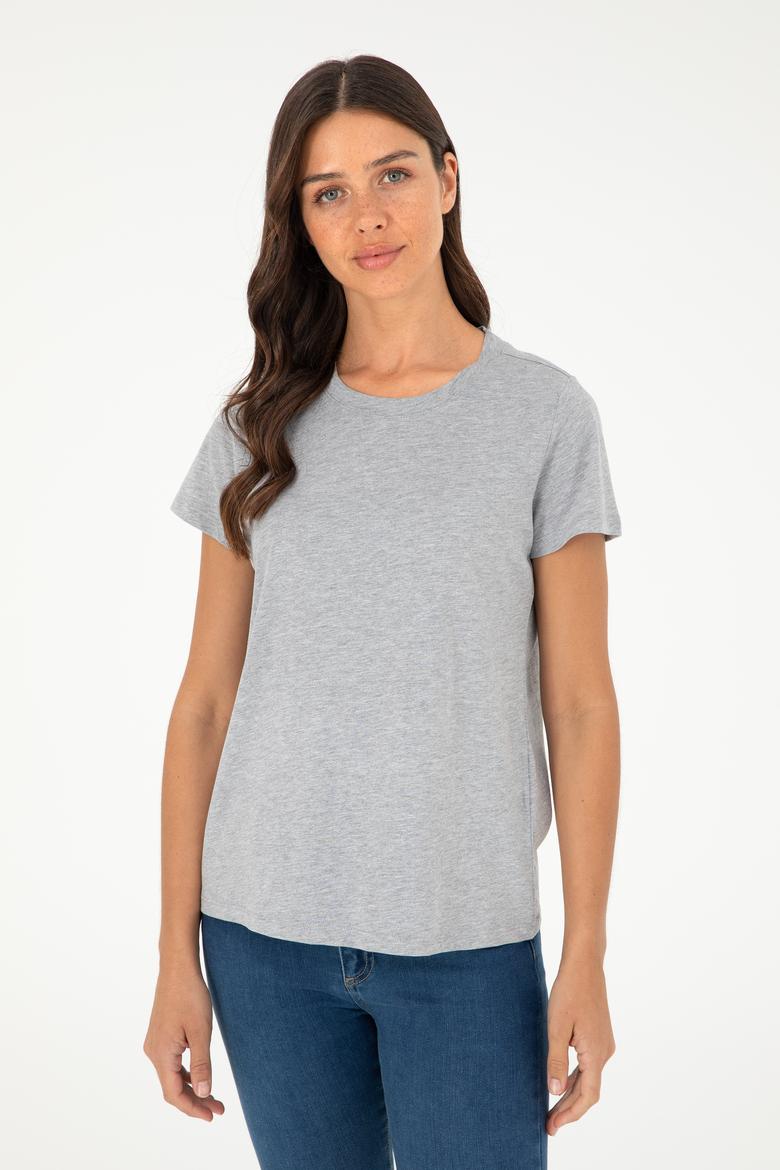 Kadın Gri Melanj Bisiklet Yaka Basic Tişört - 50296152036