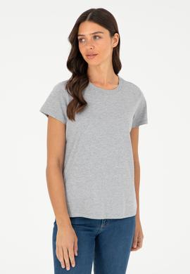Kadın Gri Melanj Bisiklet Yaka Basic Tişört - 50296152036