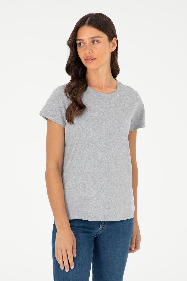 Kadın Gri Melanj Bisiklet Yaka Basic Tişört