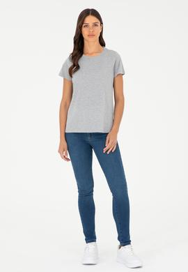 Kadın Gri Melanj Bisiklet Yaka Basic Tişört - 50296152036