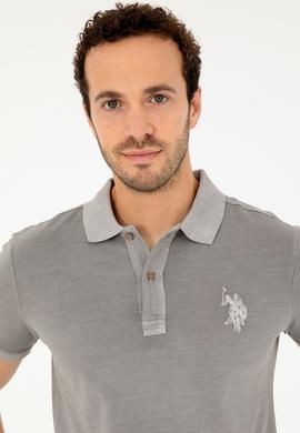 Erkek Slim Fit Polo Yaka Koyu Gri Basic Tişört - 50279591186