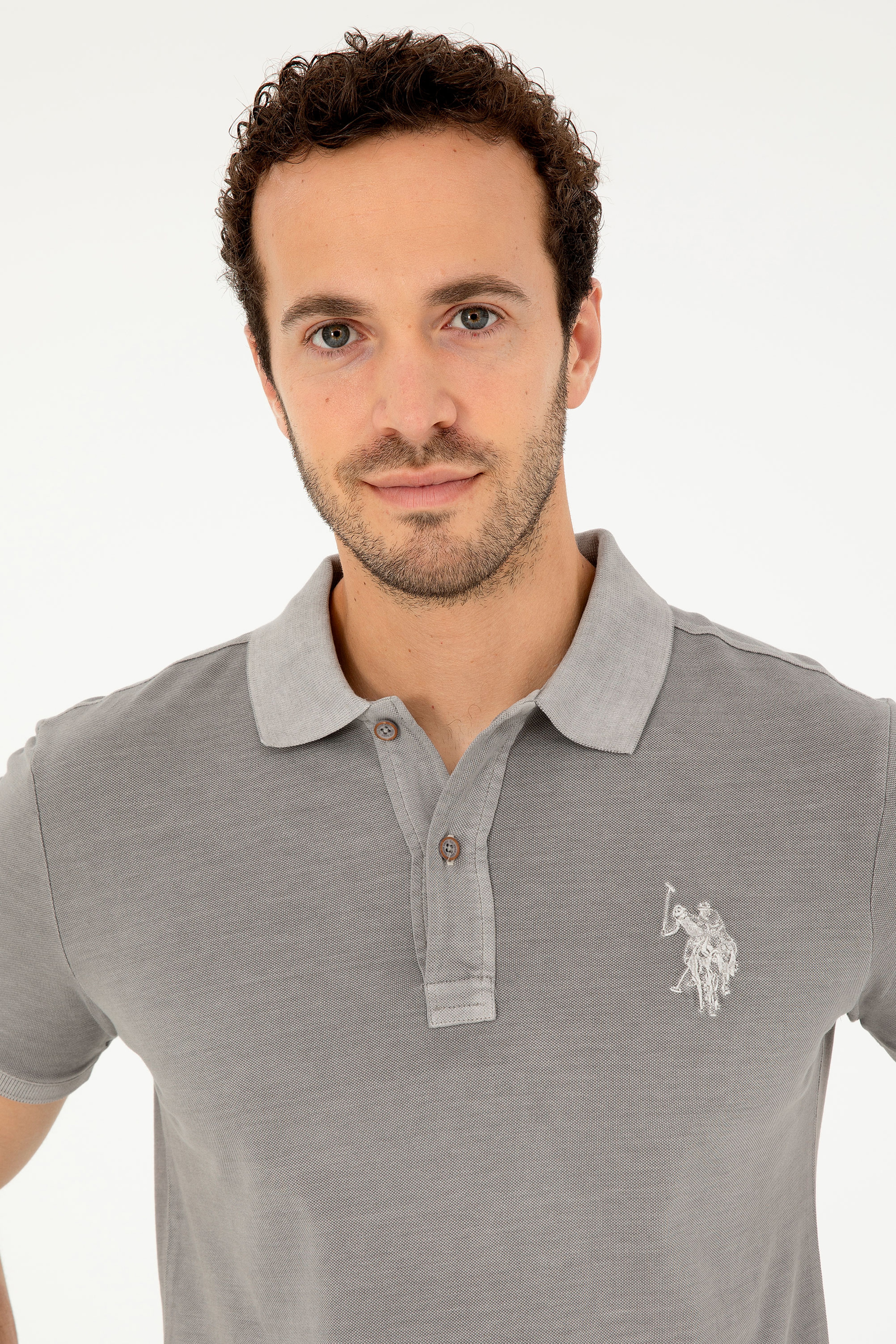 Erkek Slim Fit Polo Yaka Koyu Gri Basic Tişört - Image 2