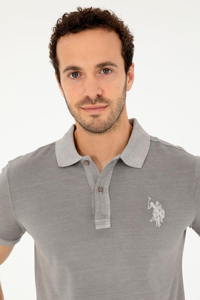 Erkek Slim Fit Polo Yaka Koyu Gri Basic Tişört - 50279591186