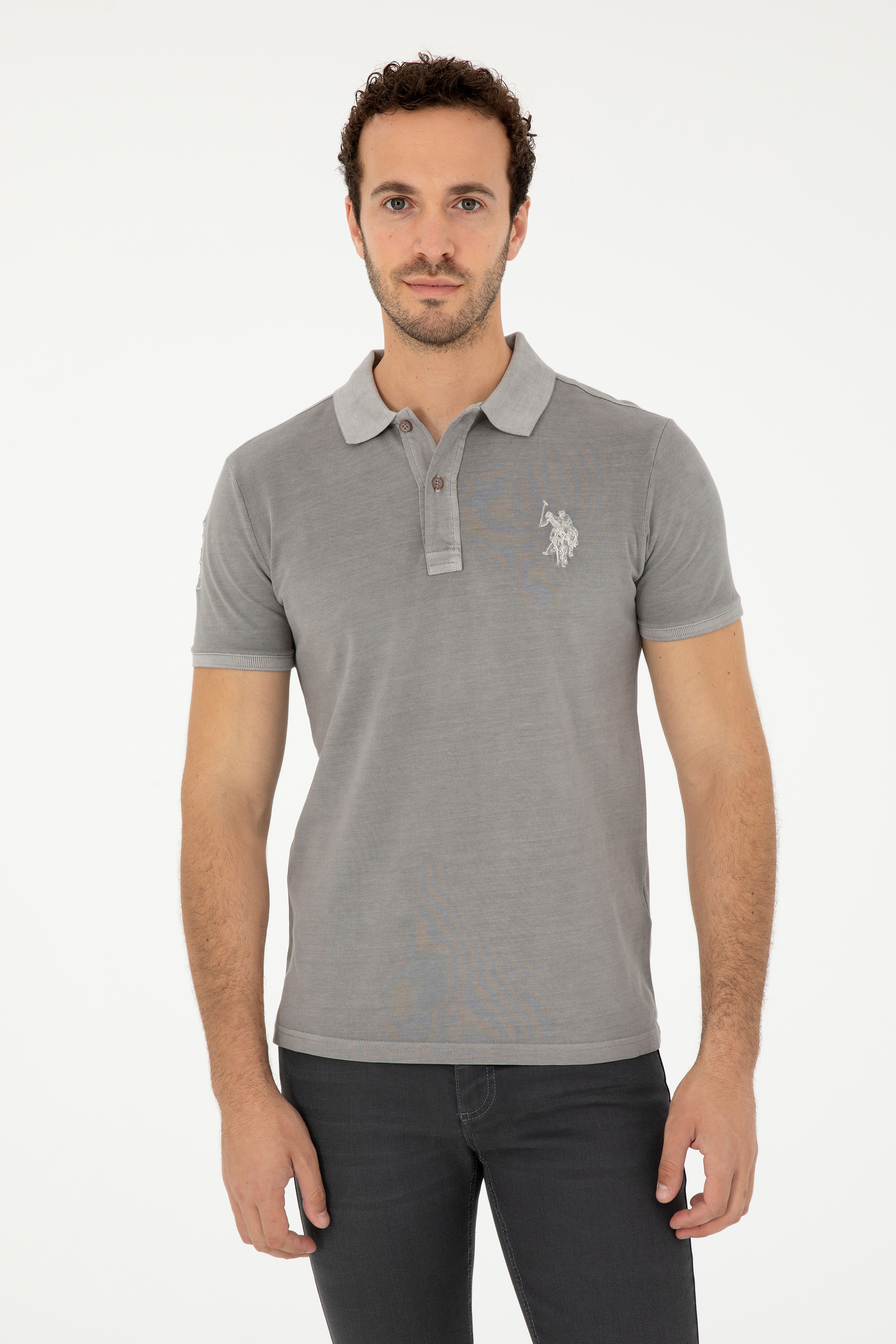 Erkek Slim Fit Polo Yaka Koyu Gri Basic Tişört - Image 3