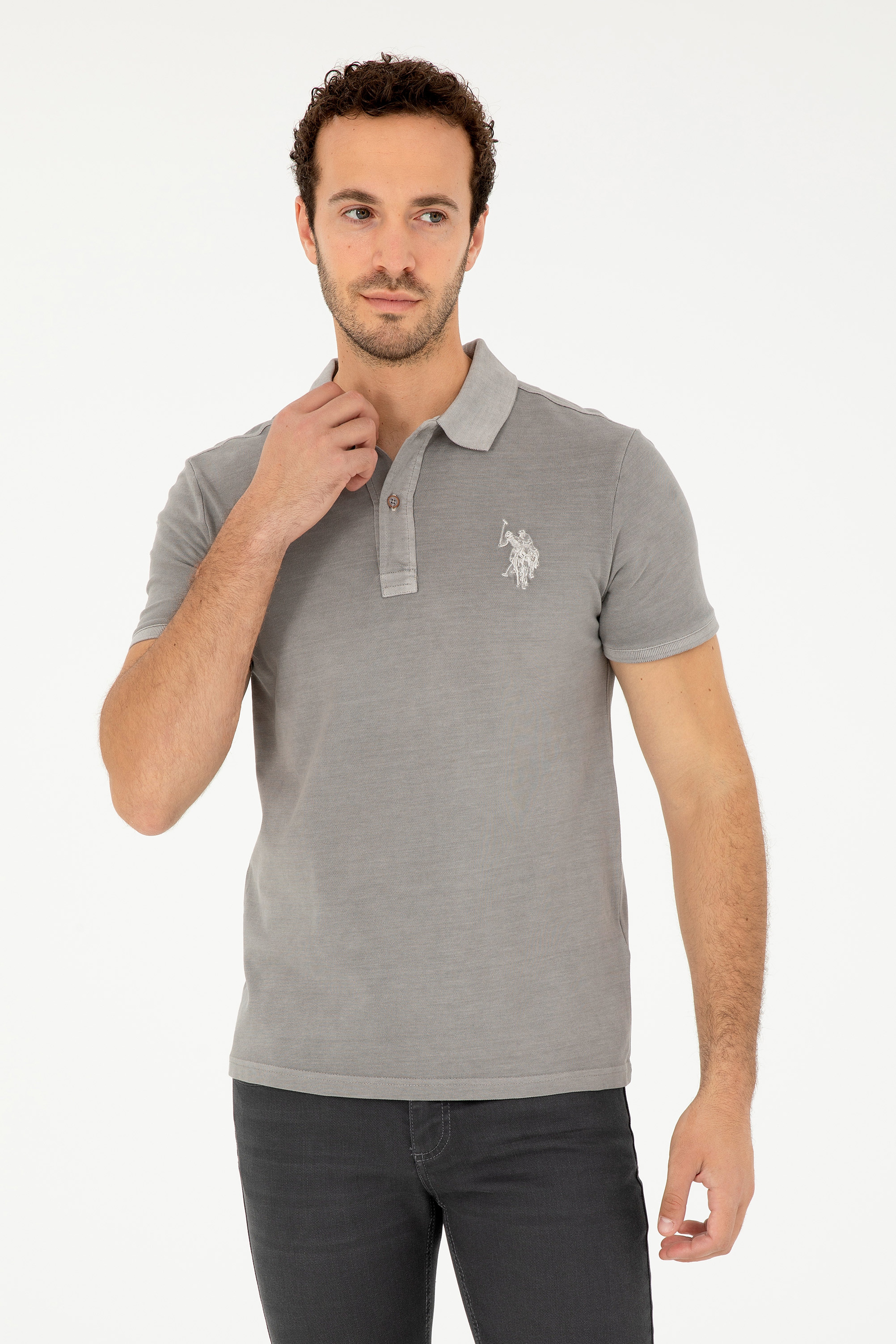 Erkek Slim Fit Polo Yaka Koyu Gri Basic Tişört - Image 1