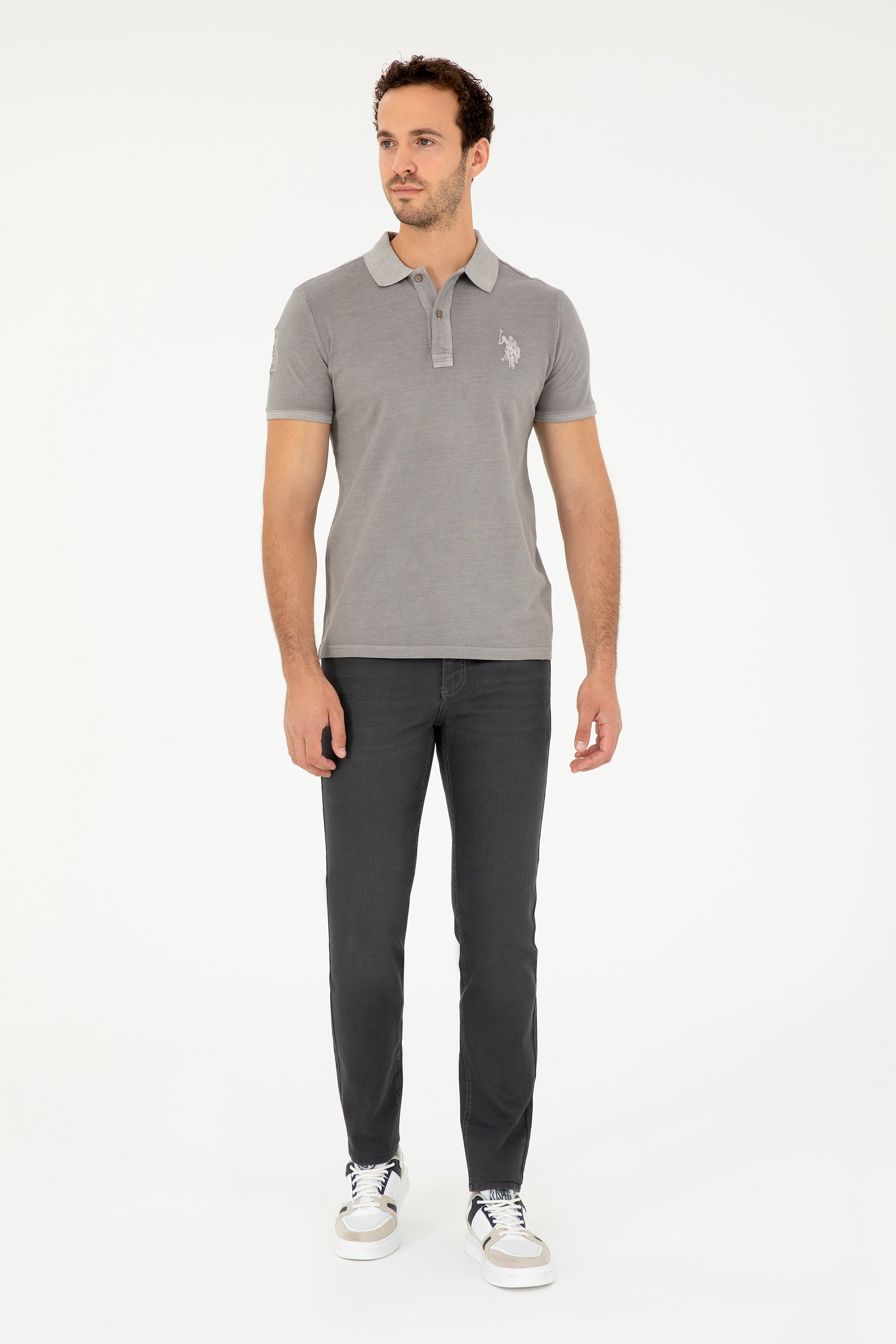 Erkek Slim Fit Polo Yaka Koyu Gri Basic Tişört
