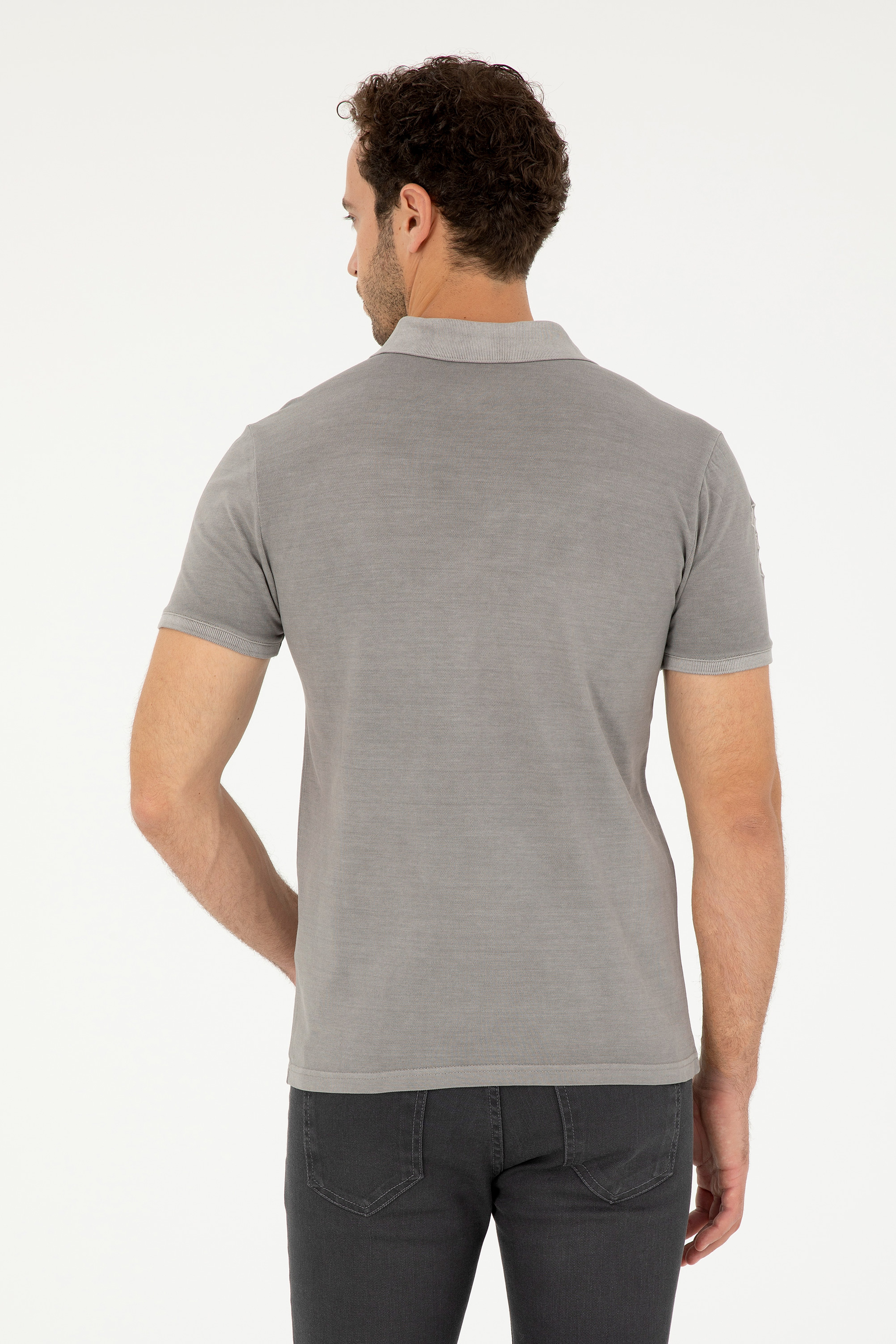 Erkek Slim Fit Polo Yaka Koyu Gri Basic Tişört - Image 5
