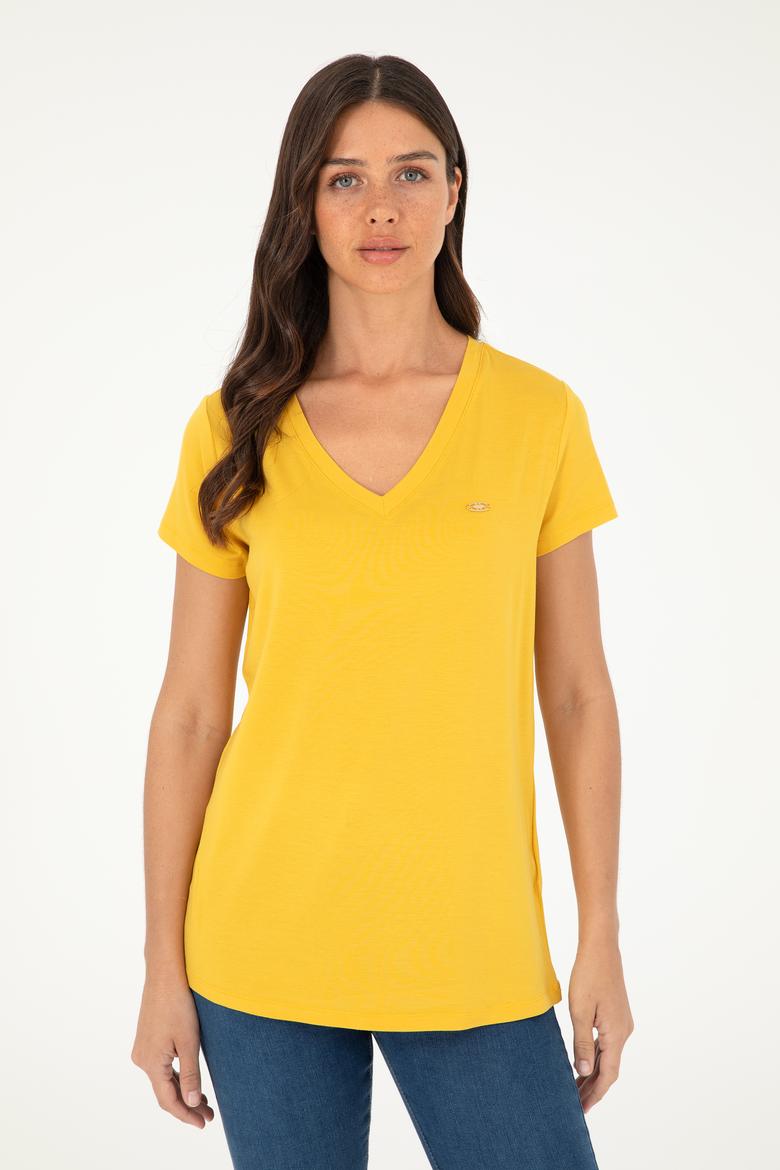 Kadın Safran V Yaka Basic Tişört - 50280019053