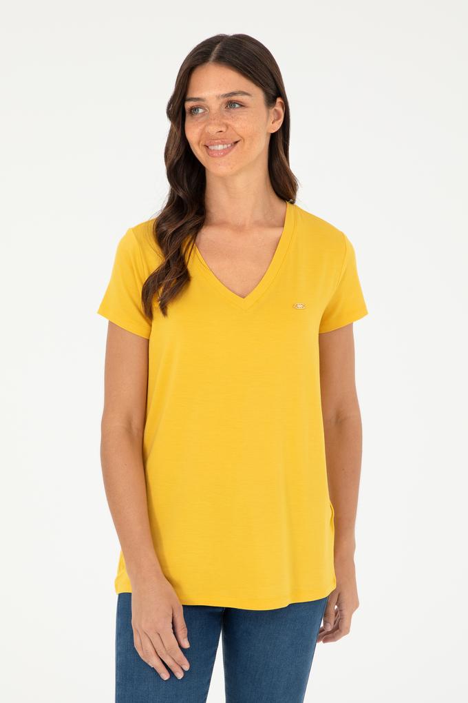 Kadın Safran V Yaka Basic Tişört