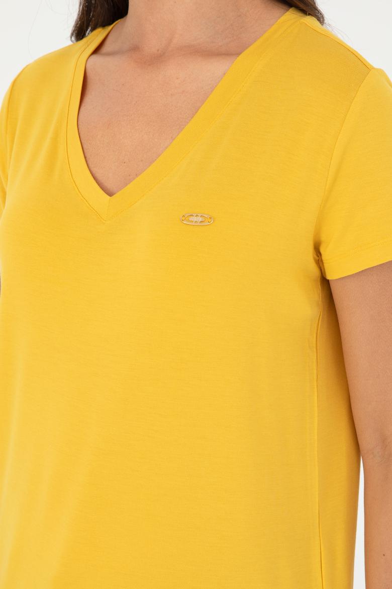 Kadın Safran V Yaka Basic Tişört - 50280019053
