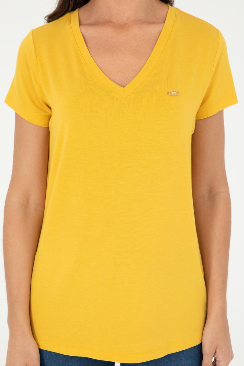 Kadın Safran V Yaka Basic Tişört - 50280019053