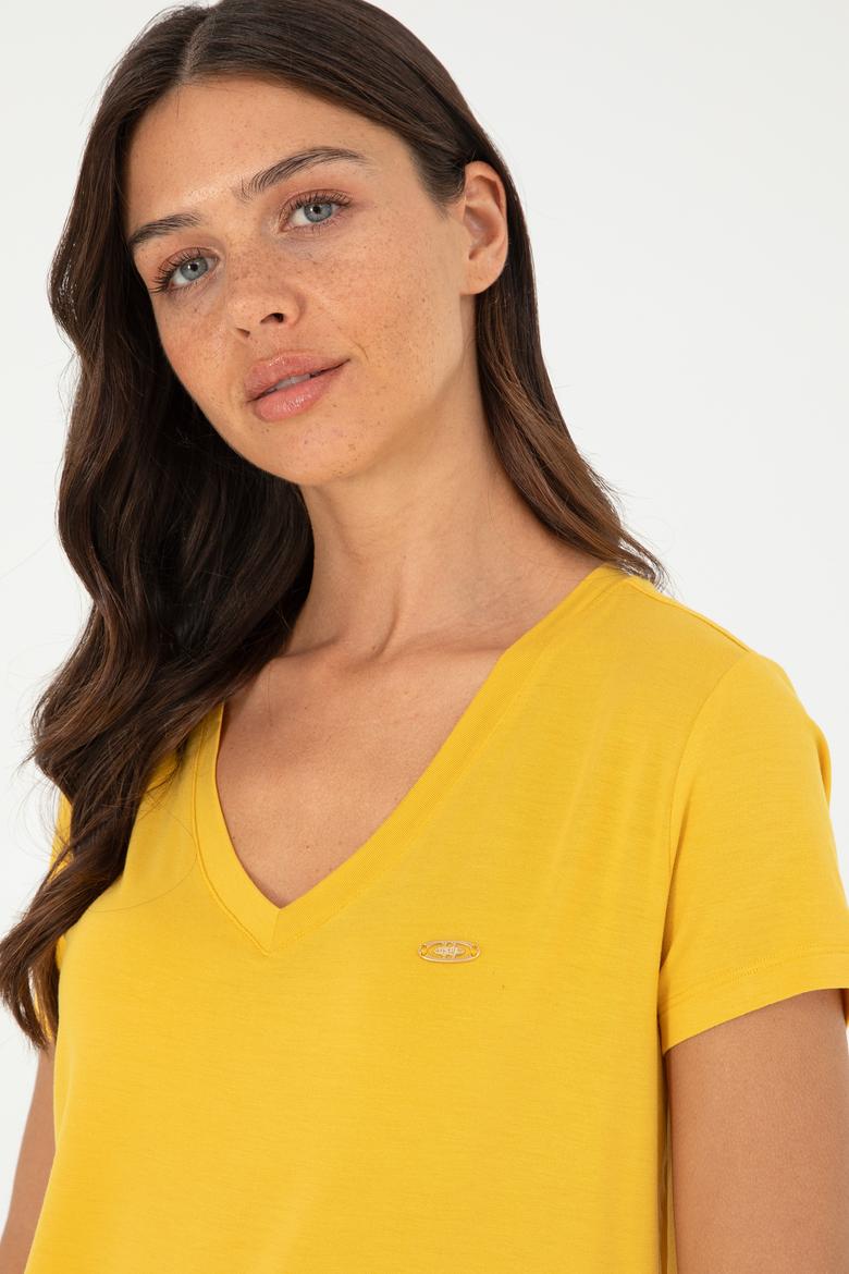 Kadın Safran V Yaka Basic Tişört - 50280019053
