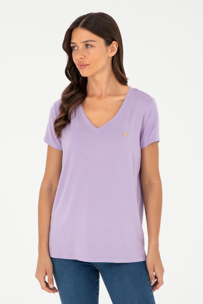 Kadın Lila V Yaka Basic Tişört