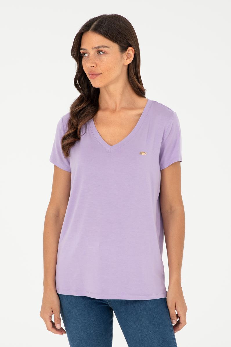 Kadın Lila V Yaka Basic Tişört
