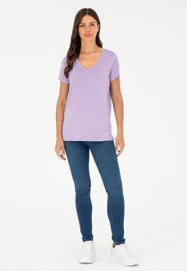 Kadın Lila V Yaka Basic Tişört - 50280019085