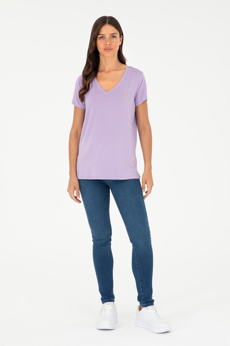 Kadın Lila V Yaka Basic Tişört - 50280019085