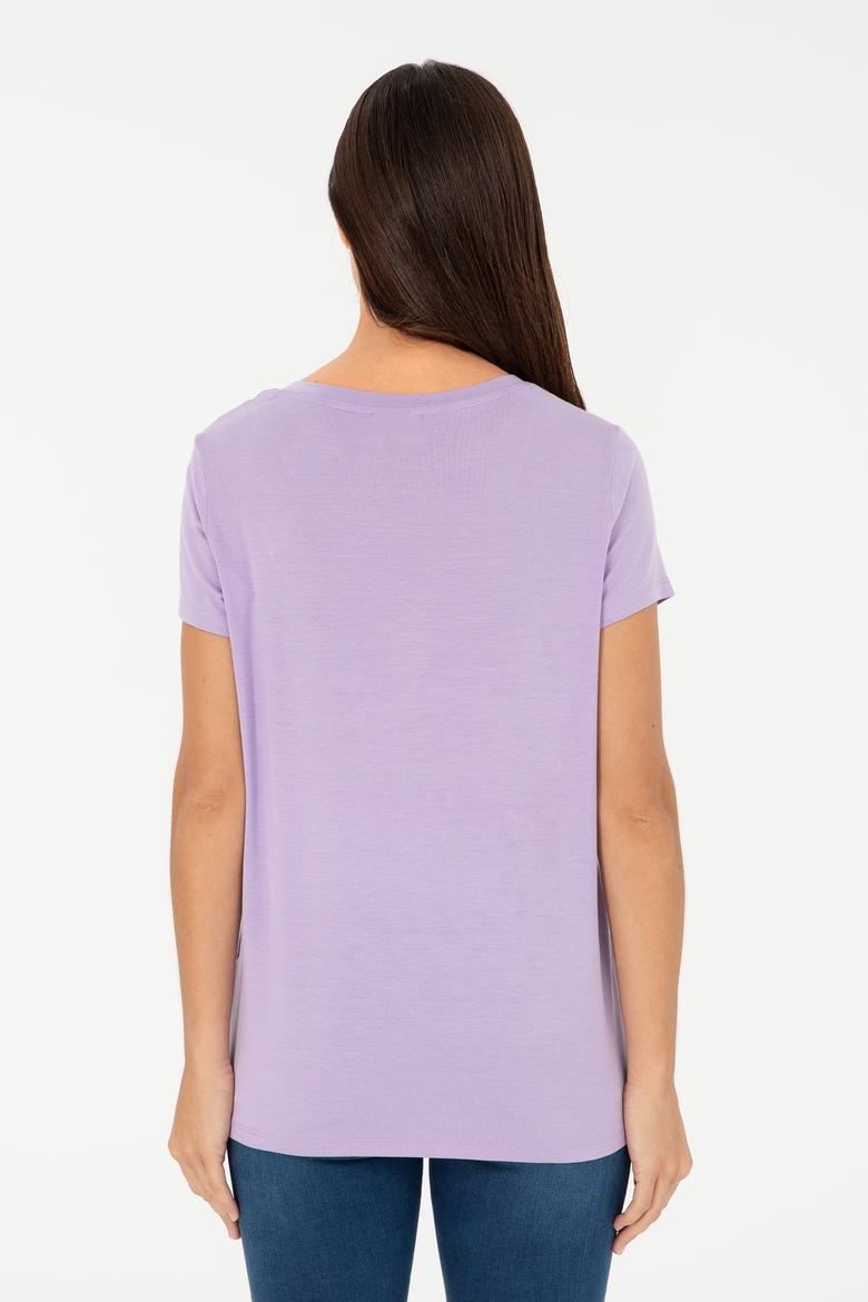 Kadın Lila V Yaka Basic Tişört - 50280019085