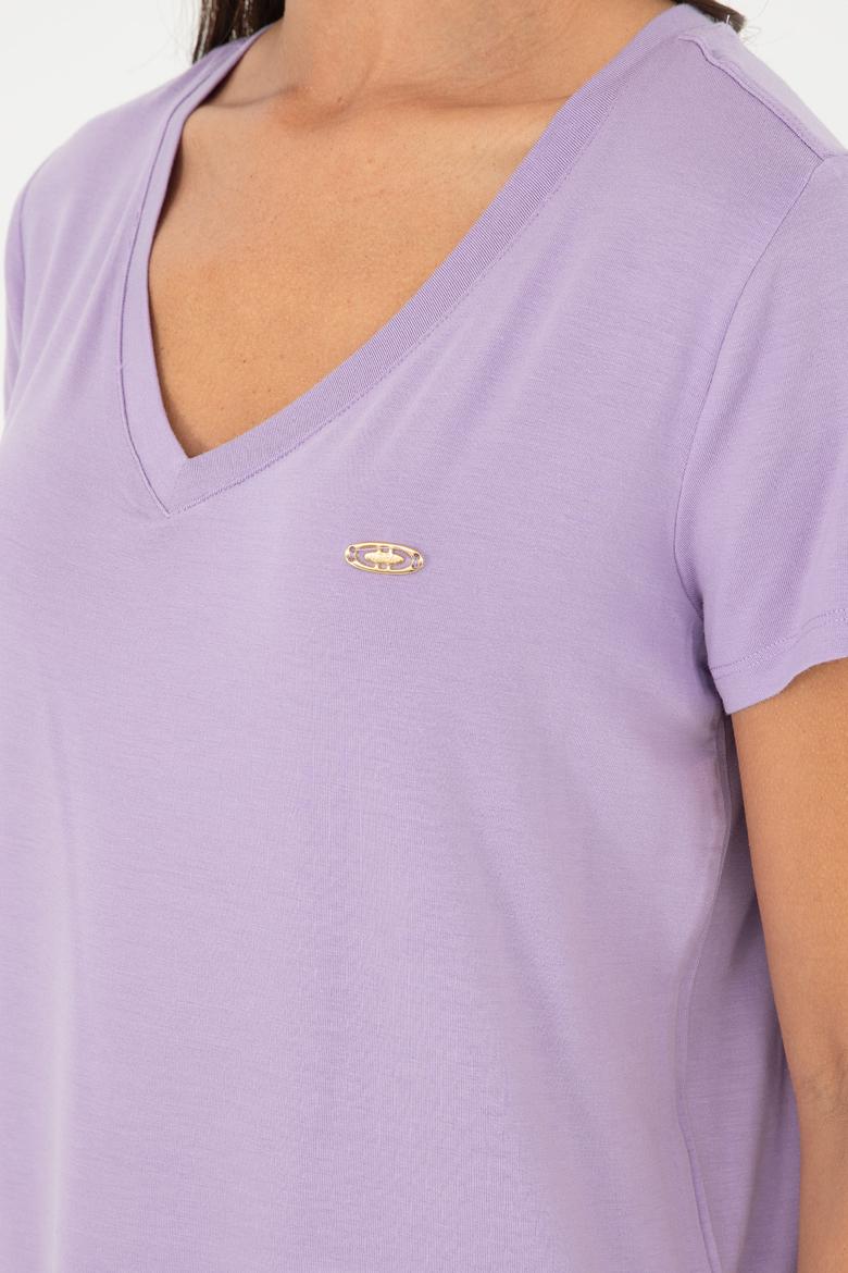 Kadın Lila V Yaka Basic Tişört - 50280019085