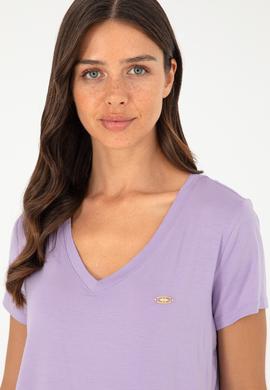 Kadın Lila V Yaka Basic Tişört - 50280019085