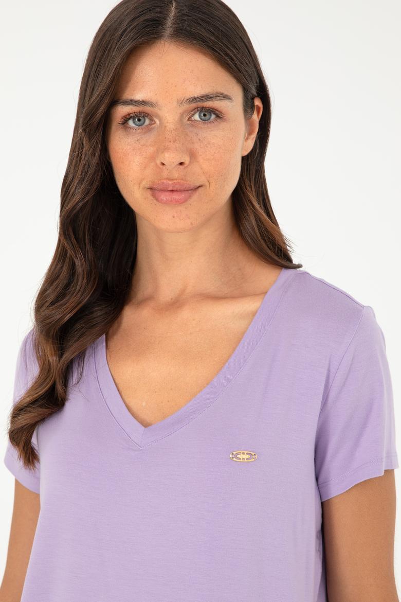 Kadın Lila V Yaka Basic Tişört - 50280019085