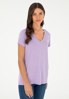 Kadın Lila V Yaka Basic Tişört - 50280019085