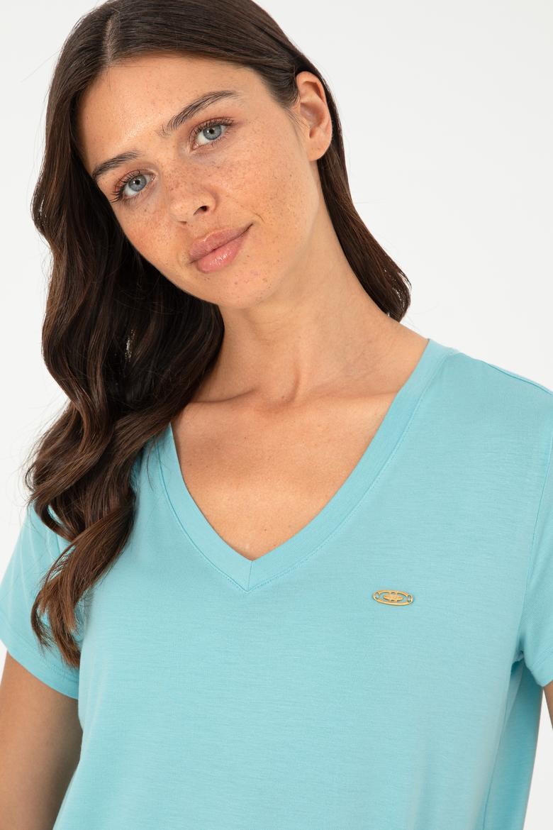 Kadın Mint V Yaka Basic Tişört - 50280019102
