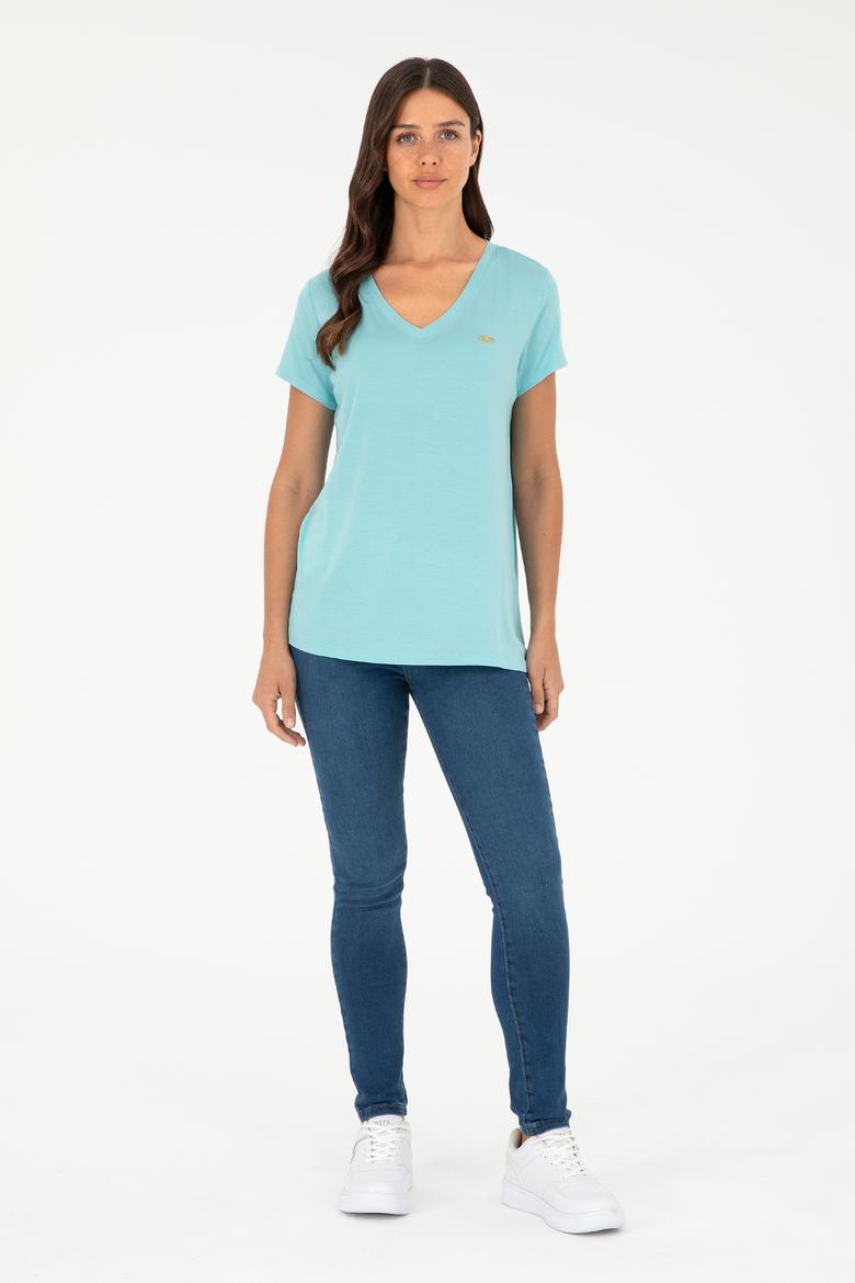 Kadın Mint V Yaka Basic Tişört - 50280019102