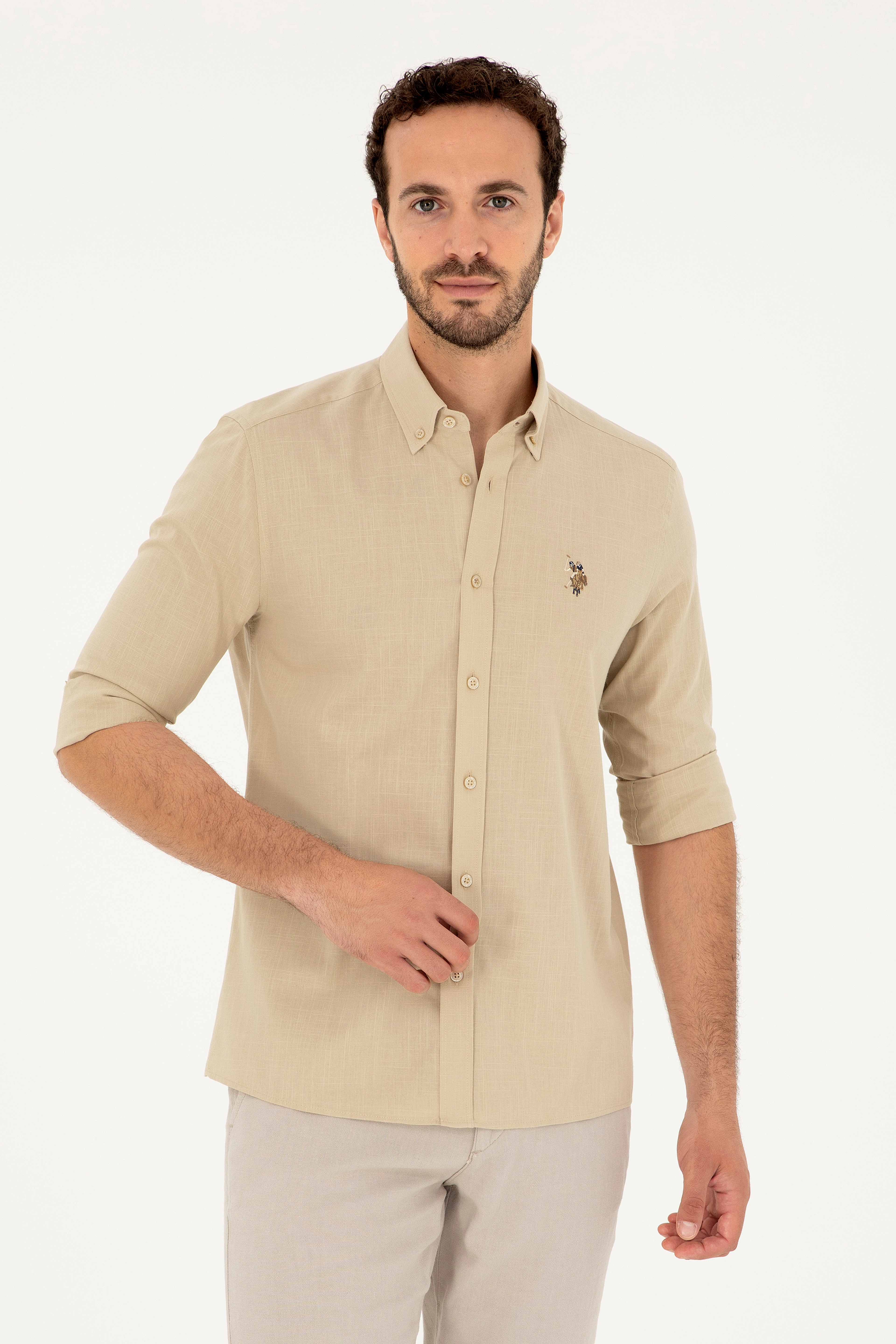 Erkek Açık Haki Uzun Kollu Basic Gömlek - Image 1