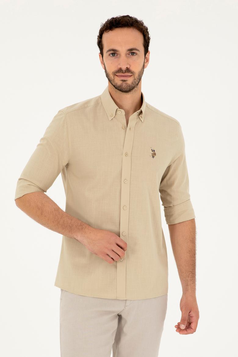 Erkek Açık Haki Uzun Kollu Basic Gömlek