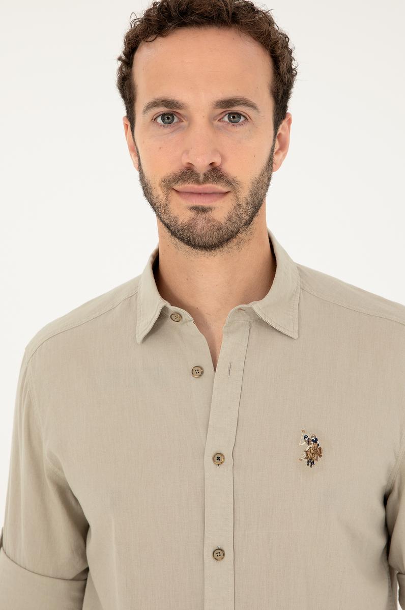 Erkek Haki Uzun Kollu Basic Gömlek