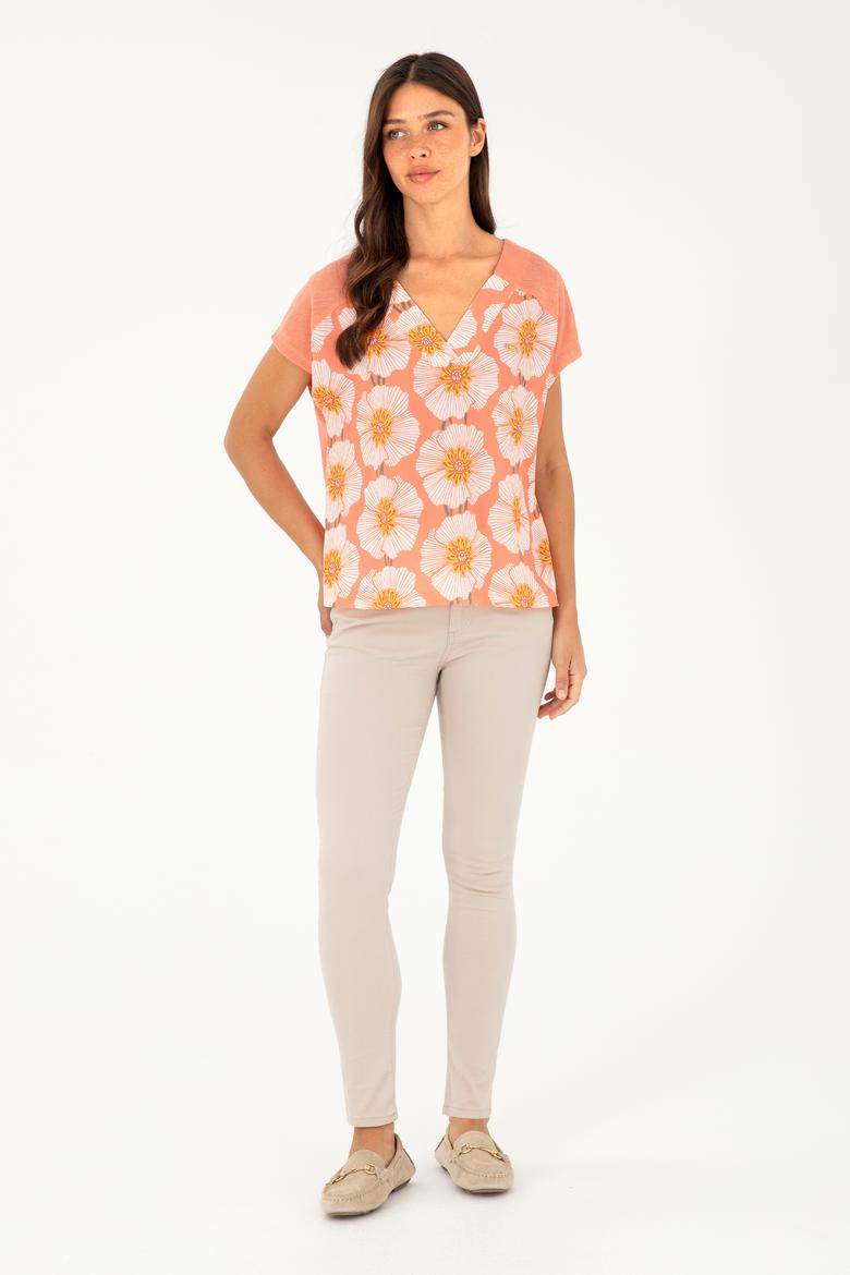 Kadın Somon Desenli V Yaka Tişört - 50281805004