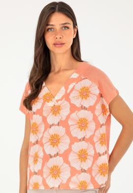 Kadın Somon Desenli V Yaka Tişört - 50281805004