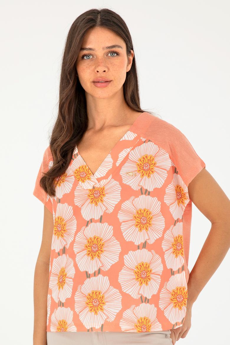 Kadın Somon Desenli V Yaka Tişört - 50281805004