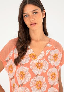 Kadın Somon Desenli V Yaka Tişört - 50281805004