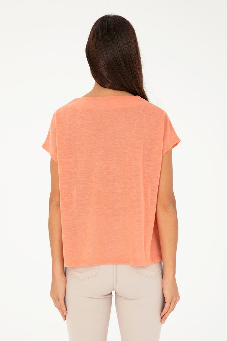 Kadın Somon Desenli V Yaka Tişört - 50281805004