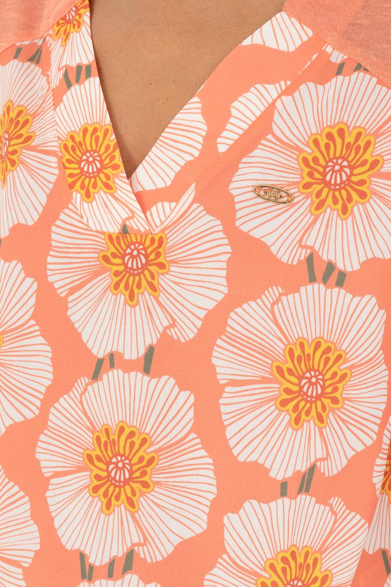 Kadın Somon Desenli V Yaka Tişört - 50281805004