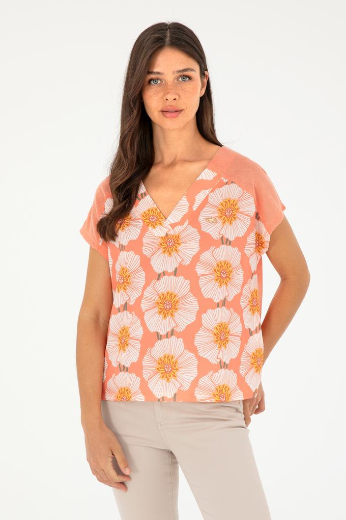 Kadın Somon Desenli V Yaka Tişört